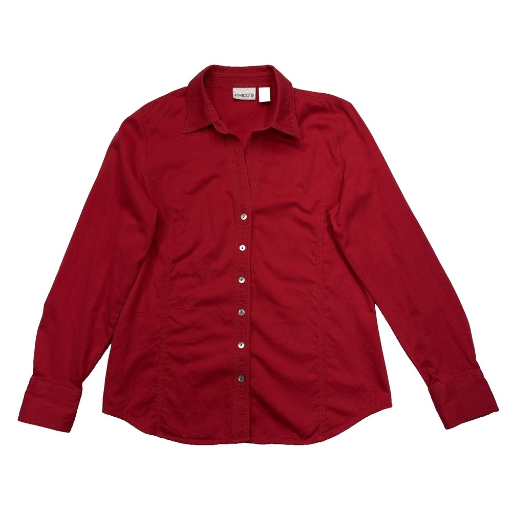Chico's Women's Button Up Shirt Size 1 Red 100% Cotton Fitted Long Sleeve